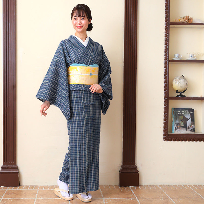 阿波しじら織 着物 紺藍に白ベージュ絣重ね格子 No.104 – ふだんきもの