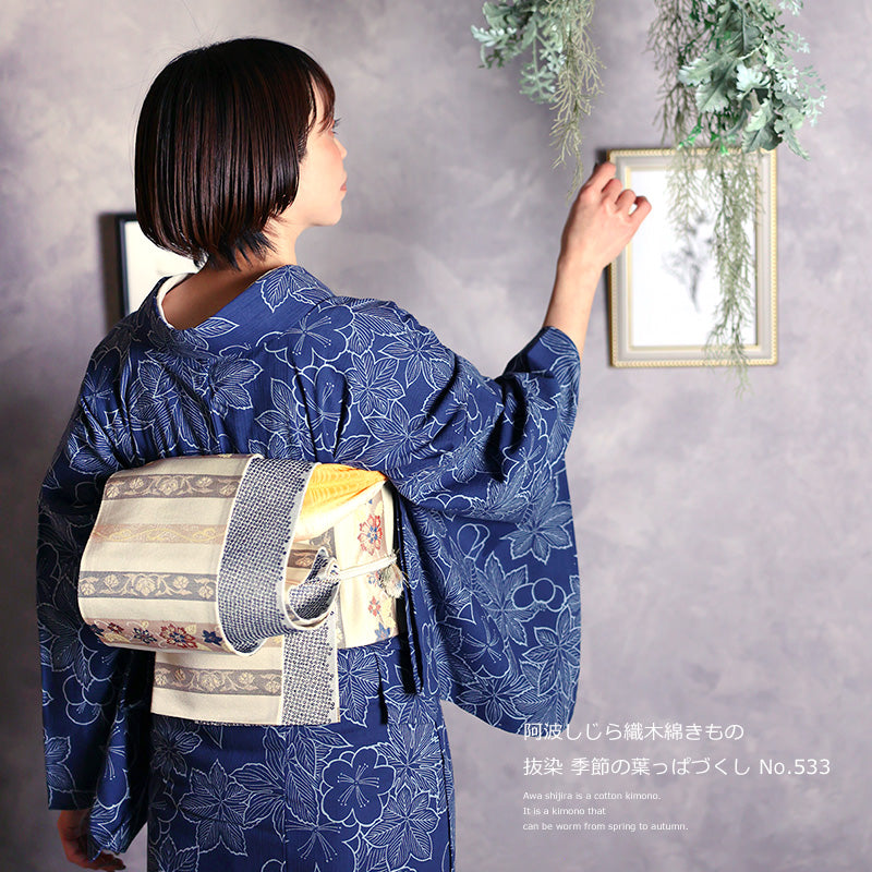 阿波しじら織 着物 抜染 季節の葉っぱづくし No.533 – ふだんきもの