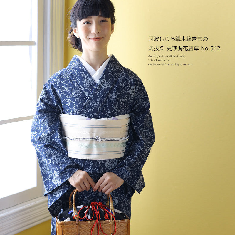 キ*コ様 阿波しじら　抜染　花唐草文様　浴衣 阿波しじら織 着物 防抜染 更紗調花唐草 No.542 – ふだんきものハイムラヤ