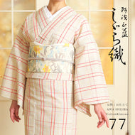阿波しじら織 着物 生成り絣にざっくり赤黄格子 No.77