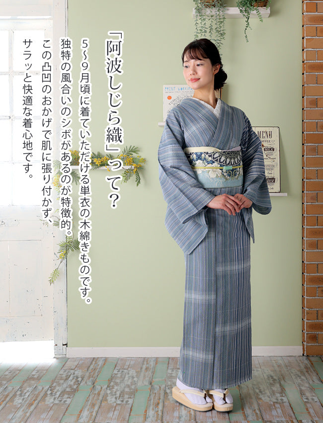 阿波しじら織 着物 薄浅黄に片寄せ縞と霞段 No.H57 – ふだん
