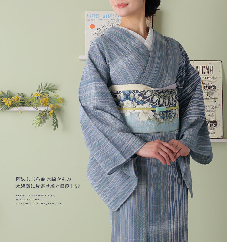 レビュー高評価商品 阿波しじら織 着物 薄浅黄に片寄せ縞と霞段 No.H57 – ふだん 着物・浴衣