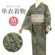 洗える着物 グリーン 小紋 道長取り更紗風文様 モスグリーン 単衣 仕立て上がりプレタ ポリエステル（Mサイズ）