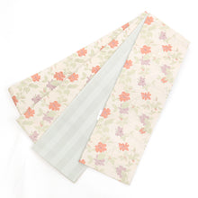 画像をギャラリービューアに読み込む, 半幅帯 ベージュ 大きいサイズ 長尺 《 創世舎 》 ベージュ地ミニバラ 花ちらし ／ セージグリーン 細ボーダー リバーシブル半巾帯
