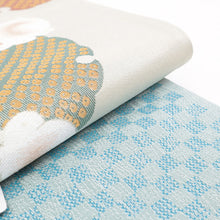 画像をギャラリービューアに読み込む, 《創世舎》 リバーシブル半巾帯 長尺 ベージュ 雪輪に丸うさぎ ／ スカイブルー 市松模様
