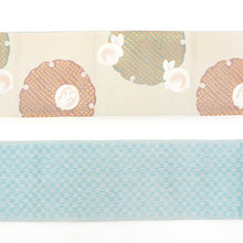 画像をギャラリービューアに読み込む, 《創世舎》 リバーシブル半巾帯 長尺 ベージュ 雪輪に丸うさぎ ／ スカイブルー 市松模様

