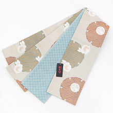 画像をギャラリービューアに読み込む, 《創世舎》 リバーシブル半巾帯 長尺 ベージュ 雪輪に丸うさぎ ／ スカイブルー 市松模様
