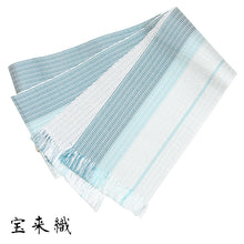 画像をギャラリービューアに読み込む, 半巾帯 長尺 紙格子四寸帯 米沢織物 《宝来屋》 和紙 グラデーション 水色 ホワイト
