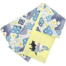 画像をギャラリービューアに読み込む, 半巾帯 《WAKKA》麻 刺繍帯 彩アジサイ × レモンイエローにあじさい猫 あじさいつなぎ （ イエロー ）
