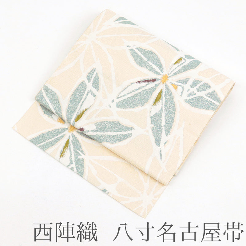 名古屋帯 西陣織 正絹 大花 ベージュにグレーの大輪花