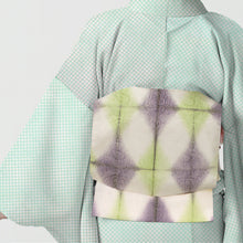 画像をギャラリービューアに読み込む, 名古屋帯 桐生染め 日本製 伝統工芸品 ダマスク綸子 格子ぼかし ブラウン グリーン
