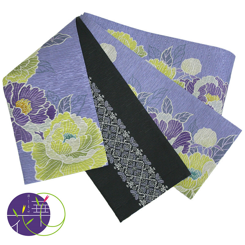 《召しませ華》薄紫地に満開芍薬花 芍薬（パープル） リバーシブル半巾帯