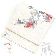京袋帯《wakka》近江の麻 アイボリーにザクロと鳥 赤い宝石