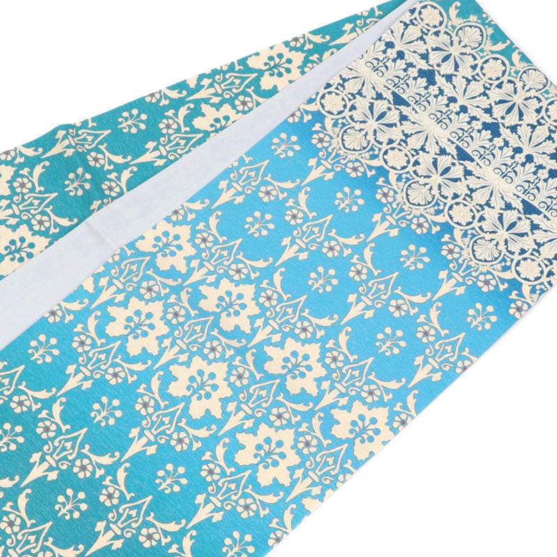 正絹 袋帯纐纈 リバーシブル 更紗模様 ターコイズブルー 袋帯