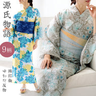 浴衣 反物 《源氏物語》 日本製 染め 注染 綿紅梅 花柄 ススキ 萩 とんぼ 花菱 蝶 あじさい （全9柄）