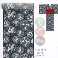 浴衣 反物 ネイビー 日本製 綿70％ 麻30％ 巾40cm 長さ13ｍ 新粋染 綿麻紅梅 小紋 麻の葉に花の丸文 梅 菊