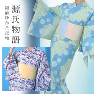 浴衣 反物 《源氏物語》 日本製 本染 綿麻 小菊 菊唐草 紫 パープル 水色 ブルー