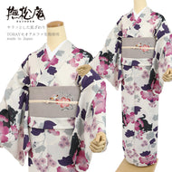 浴衣 《 撫松庵 》 お仕立て上がり 単品 東レセオアルファ 着てみてわかる 芙蓉と猫（パープル）