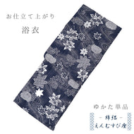浴衣 《 えんむすび座 》 お仕立て上がり 単品 綿100％ 絽 紺地に流水文様 菊紅葉 秋草（ ネイビー ）