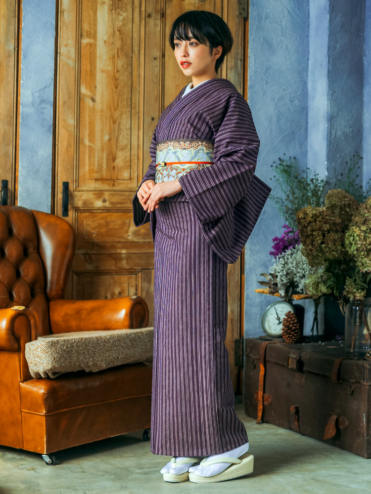 粋 新品 仕立て上がり 着物 縞 仕付け糸付き 紫 パープル - 浴衣/水着