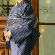 阿波コットンウール しじら織 着物 薄墨黒に絣縦縞 No.w26