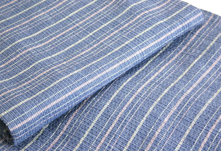 阿波しじら織 着物 青紺縦縞に黄桃の横段縞 No.41 – ふだんきもの