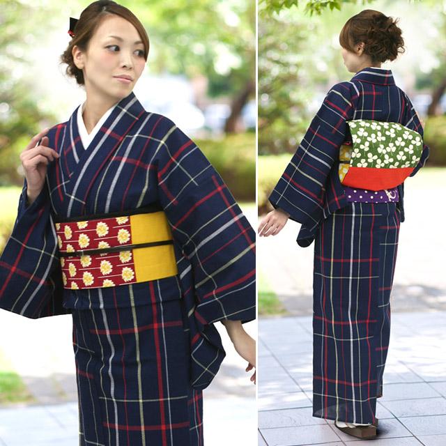 阿波しじら織 着物 藍色地に白赤黄の縞格子 No.70 – ふだん