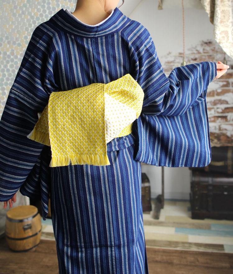 青い縦縞のしじら織り 阿波正藍しじら織/紺地に朱絣（単仕立て付き） – MENYA FABRIC