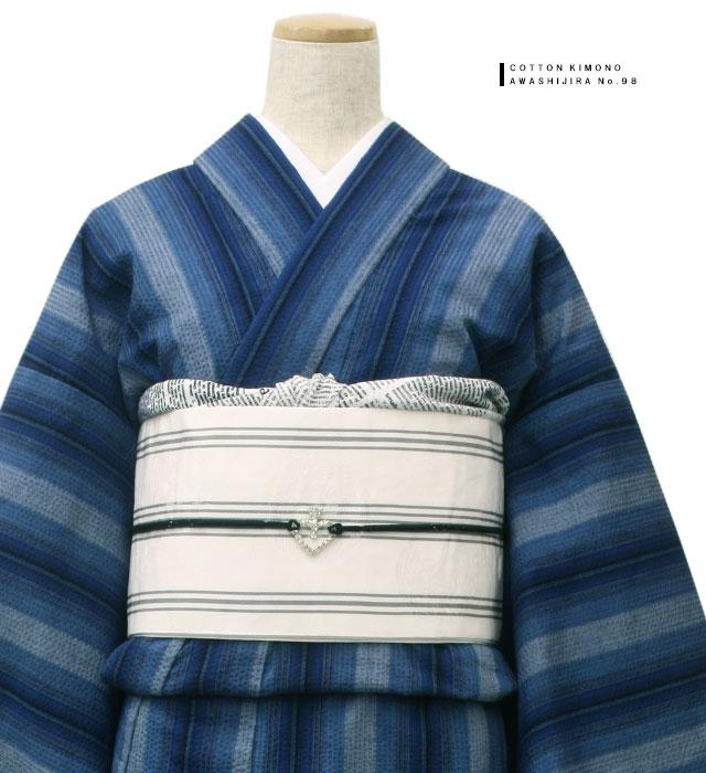 阿波しじら織 着物 紺水色縦縞グラデーション No.98 – ふだん