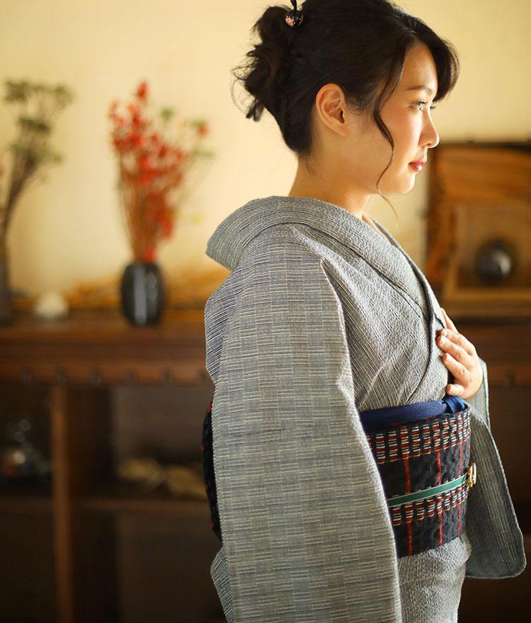 阿波しじら織 着物 黄紺の網代組格子 No.H44 – ふだんきものハイムラヤ