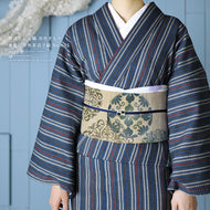 阿波しじら織 着物 青藍に赤焦茶双子縞 No.H46