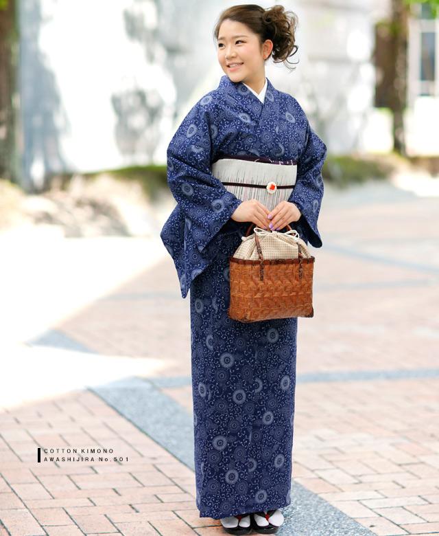 阿波しじら織 着物 抜染 菊唐草づくし No.501