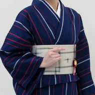 阿波しじら織 着物 濃藍色地に白と赤のシンプル細縞 No.43 - ふだんきものハイムラヤ