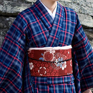 阿波しじら織 着物 紺地に赤白青ざっくり格子 No.88 - ふだんきものハイムラヤ