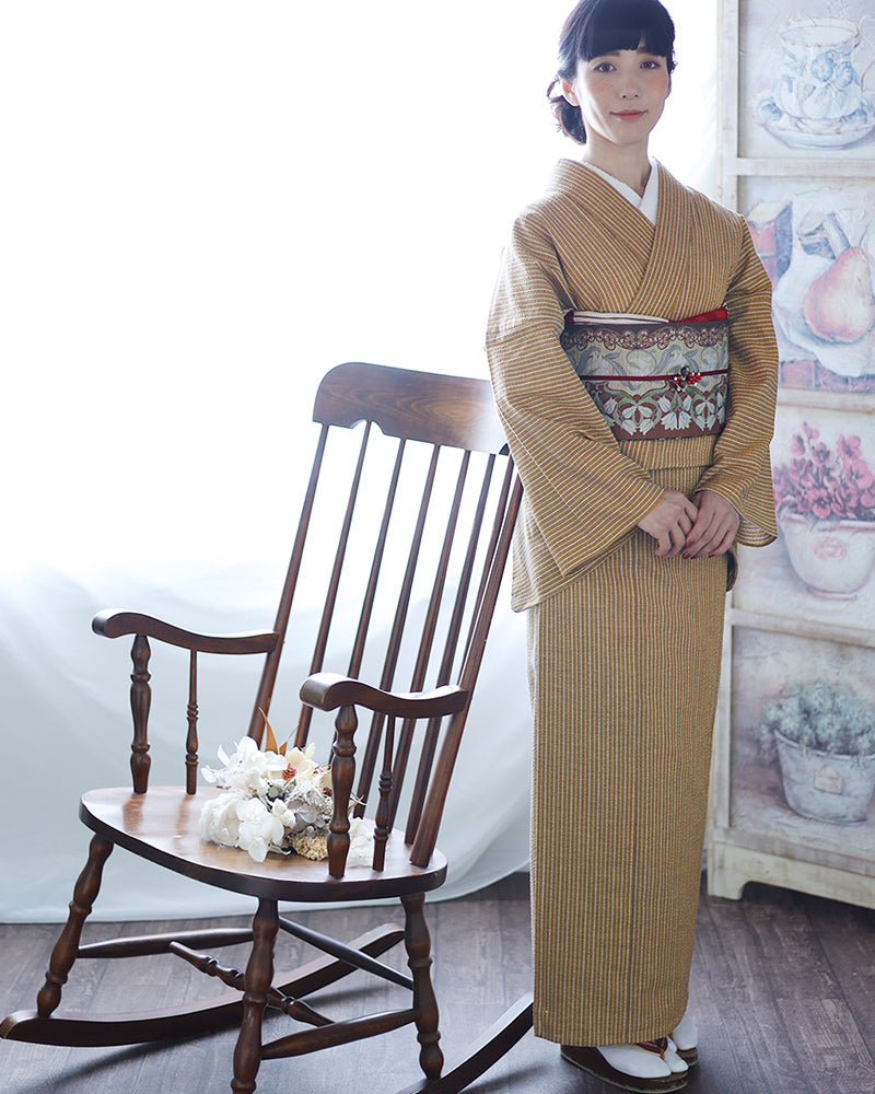 阿波しじら織 着物 からしベージュに白細縞 No.318 – ふだん 阿波しじら織 着物 からしベージュに白細縞 No.318 – ふだん