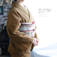 阿波しじら織 着物 からしベージュに白細縞 No.318